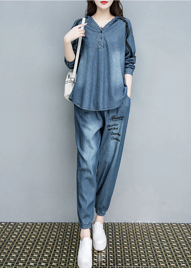 Vintage Blue Embroideried Cotton Hooded Coats And Pants Two Pieces Set Fall - republicanstateiVintage Blue Embroideried Cotton Hooded Coats And Pants Two Pieces Set Fall - republicanstatei