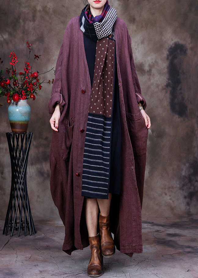Chocolate Solid Linen Trench Coat V Neck Handmade Floral Long Sleeve - republicanstateiChocolate Solid Linen Trench Coat V Neck Handmade Floral Long Sleeve - republicanstatei