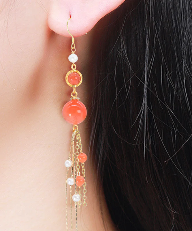 Beautiful Orange Silver Sterling Overgild Agate Pearl Tassel Drop Earrings - republicanstateiBeautiful Orange Silver Sterling Overgild Agate Pearl Tassel Drop Earrings - republicanstatei