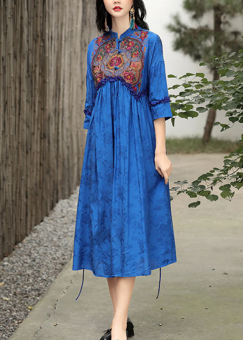 Elegant Blue Stand Collar Embroideried Floral Drawstring Satin Dress Long Sleeve - republicanstateiElegant Blue Stand Collar Embroideried Floral Drawstring Satin Dress Long Sleeve - republicanstatei