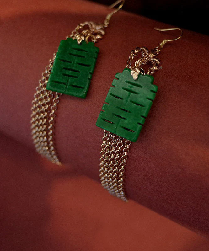 Modern Green Sterling Silver Jade Dry Green Gadeite Graphic Drop Tassel Earrings - republicanstateiModern Green Sterling Silver Jade Dry Green Gadeite Graphic Drop Tassel Earrings - republicanstatei