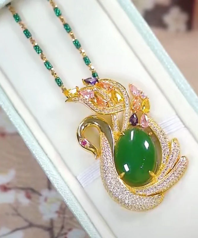 2024 Green Sterling Silver Overgild Jade Cat's Eye Stone Swan Zircon Bamboo Joints Pendant Necklace - republicanstatei2024 Green Sterling Silver Overgild Jade Cat's Eye Stone Swan Zircon Bamboo Joints Pendant Necklace - republicanstatei