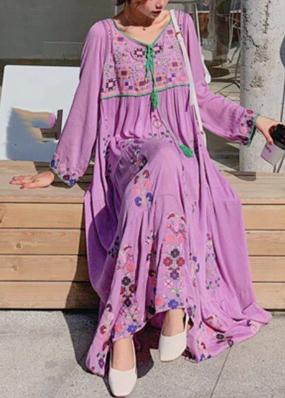 Purple O-Neck Neck Tie Tassel Patchwork Cotton Holiday Dress Long Sleeve - republicanstateiPurple O-Neck Neck Tie Tassel Patchwork Cotton Holiday Dress Long Sleeve - republicanstatei