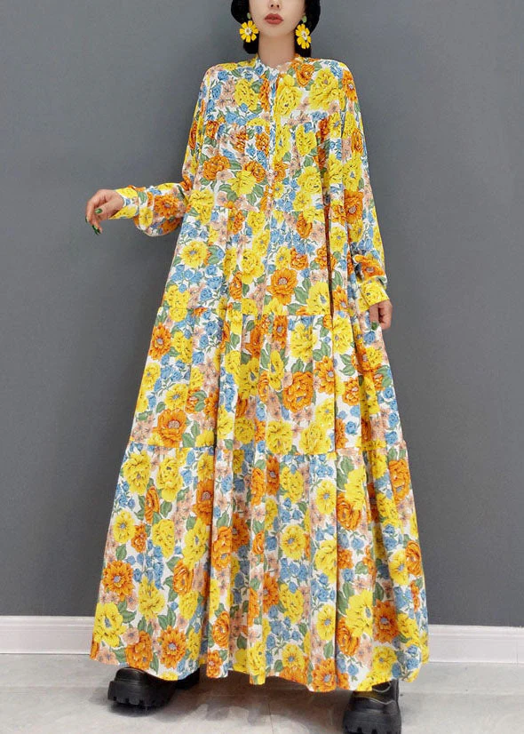 Bohemian Yellow Stand Collar Print Exra Large Hem Cotton Vacation Dresses Spring - republicanstateiBohemian Yellow Stand Collar Print Exra Large Hem Cotton Vacation Dresses Spring - republicanstatei