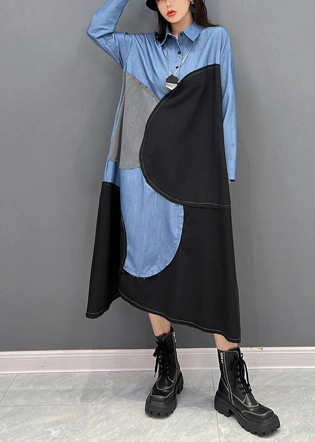 Plus Size Blue Black Patchwork Asymmetrical Design Cotton Loose Dress Fall - republicanstateiPlus Size Blue Black Patchwork Asymmetrical Design Cotton Loose Dress Fall - republicanstatei