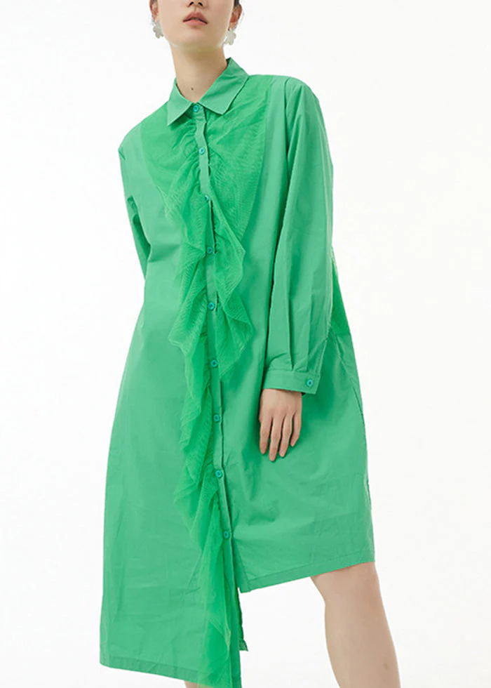 Chic Green Asymmetrical Tulle Patchwork Ruffles Cotton Shirt Dress Spring - republicanstateiChic Green Asymmetrical Tulle Patchwork Ruffles Cotton Shirt Dress Spring - republicanstatei