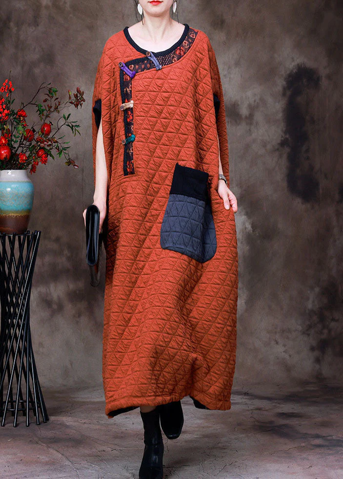 Art Orange O-Neck Patchwork Patchwork Button Fine Cotton Filled Dresses Short Sleeve - republicanstateiArt Orange O-Neck Patchwork Patchwork Button Fine Cotton Filled Dresses Short Sleeve - republicanstatei