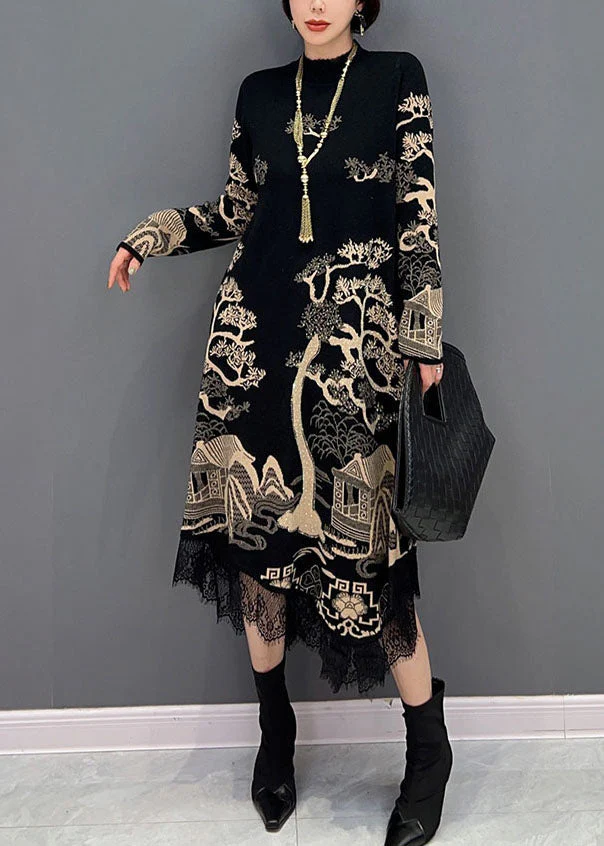 Fine Black Stand Collar Asymmetrical Lace Patchwork Print Cotton Dress Spring - republicanstateiFine Black Stand Collar Asymmetrical Lace Patchwork Print Cotton Dress Spring - republicanstatei