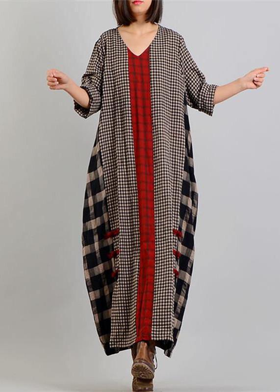2024 black Plaid autumn Loose fitting v neck patchwork traveling clothing vintage Chinese Button dresses - republicanstatei2024 black Plaid autumn Loose fitting v neck patchwork traveling clothing vintage Chinese Button dresses - republicanstatei