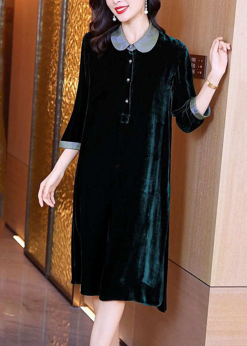 Style Blackish Green Button Wrinkled Silk Velour Long Dresses Bracelet Sleeve - republicanstateiStyle Blackish Green Button Wrinkled Silk Velour Long Dresses Bracelet Sleeve - republicanstatei
