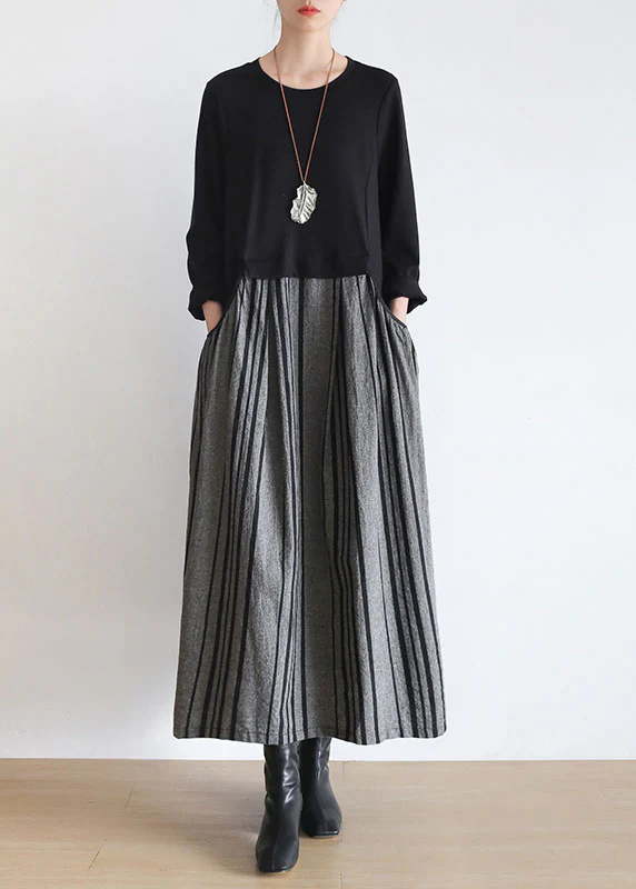 Vintage Black Striped Pockets Patchwork Linen Holiday Dress Long Sleeve - republicanstateiVintage Black Striped Pockets Patchwork Linen Holiday Dress Long Sleeve - republicanstatei