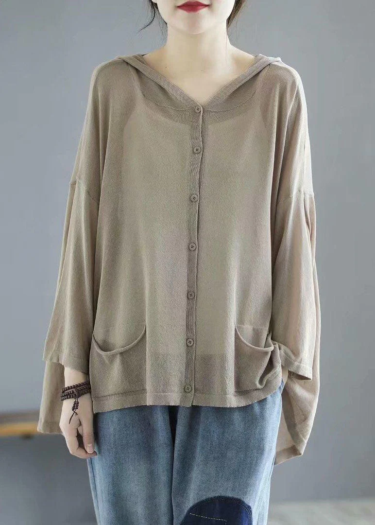 Modern Khaki Hooded Low High Design Pockets Linen Knit UPF 50+ Coat Summer - republicanstateiModern Khaki Hooded Low High Design Pockets Linen Knit UPF 50+ Coat Summer - republicanstatei