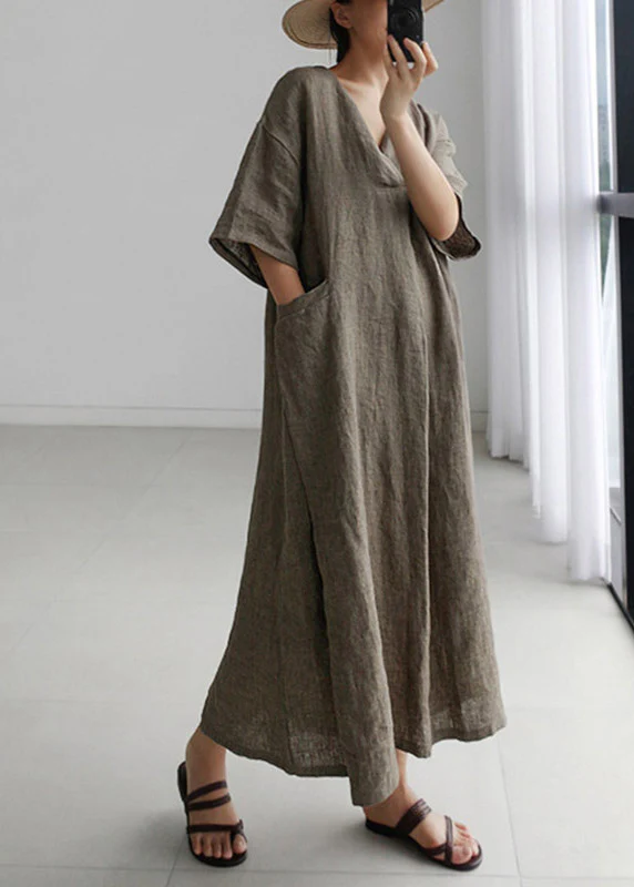 Plus Size Grey Peter Pan Collar Pockets Linen Long Dresses Short Sleeve - republicanstateiPlus Size Grey Peter Pan Collar Pockets Linen Long Dresses Short Sleeve - republicanstatei