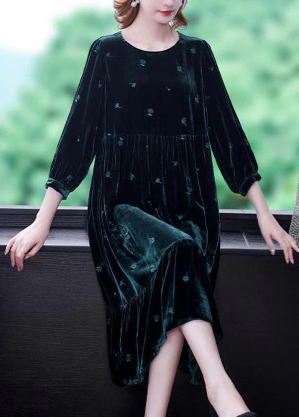 Modern Blackish Green Embroideried Patchwork Wrinkled Silk Velour Long Dress Spring - republicanstateiModern Blackish Green Embroideried Patchwork Wrinkled Silk Velour Long Dress Spring - republicanstatei