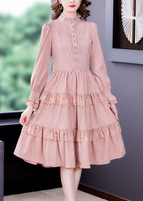 Elegant Pink Ruffled Lace Patchwork Exra Large Hem Silk Velour Dress Spring - republicanstateiElegant Pink Ruffled Lace Patchwork Exra Large Hem Silk Velour Dress Spring - republicanstatei