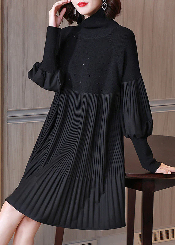 Fashion Black Turtleneck Patchwork Wrinkled Knit Dress Lantern Sleeve - republicanstateiFashion Black Turtleneck Patchwork Wrinkled Knit Dress Lantern Sleeve - republicanstatei