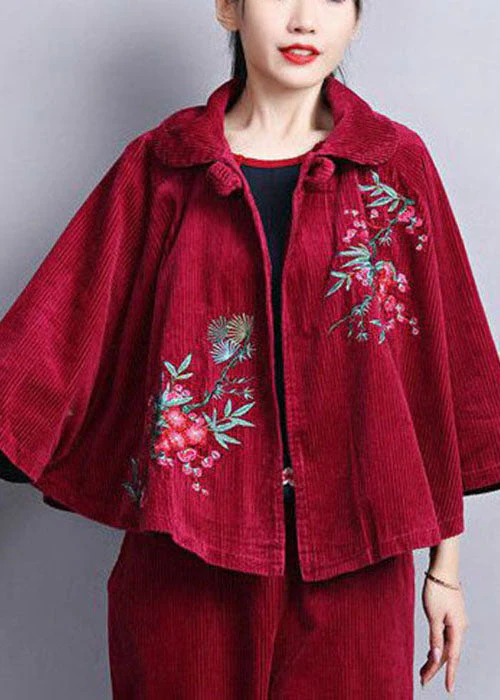 Chic Mulberry Peter Pan Collar Embroideried Corduroy Coats Cloak Sleeves - republicanstateiChic Mulberry Peter Pan Collar Embroideried Corduroy Coats Cloak Sleeves - republicanstatei