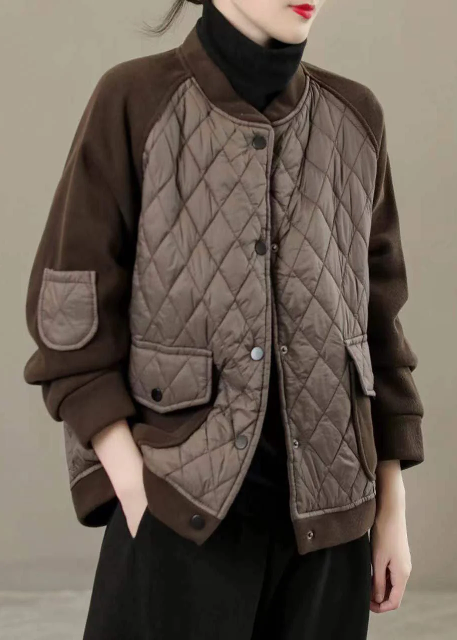 Classy Chocolate Stand Collar Pockets Patchwork Fine Cotton Filled Jackets Winter - republicanstateiClassy Chocolate Stand Collar Pockets Patchwork Fine Cotton Filled Jackets Winter - republicanstatei