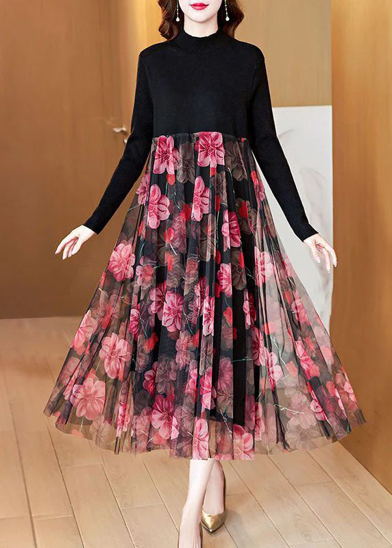 Boutique Black High Neck Patchwork Tulle Print Knit Maxi Dresses Spring - republicanstateiBoutique Black High Neck Patchwork Tulle Print Knit Maxi Dresses Spring - republicanstatei