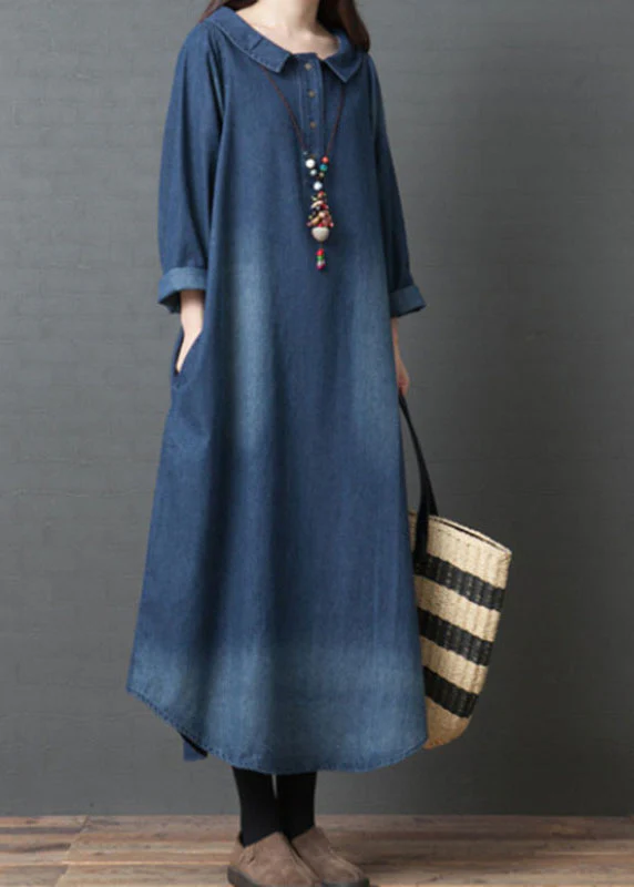 Handmade Blue PeterPan Collar Pockets Patchwork Fall Denim Long sleeve Dresses - republicanstateiHandmade Blue PeterPan Collar Pockets Patchwork Fall Denim Long sleeve Dresses - republicanstatei