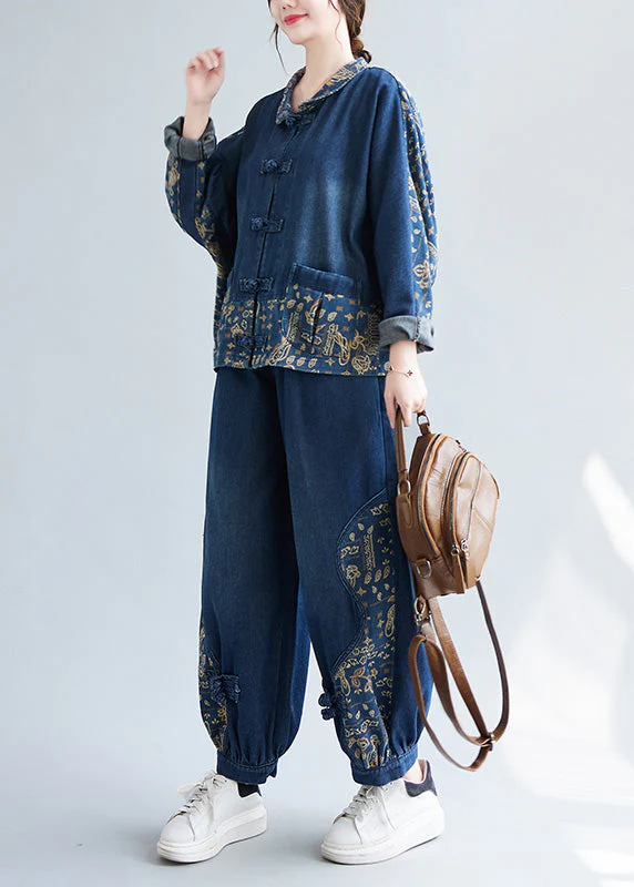 Loose Denim Blue Peter Pan Collar Print Coats And Lantern Pants Two Pieces Set Spring - republicanstateiLoose Denim Blue Peter Pan Collar Print Coats And Lantern Pants Two Pieces Set Spring - republicanstatei