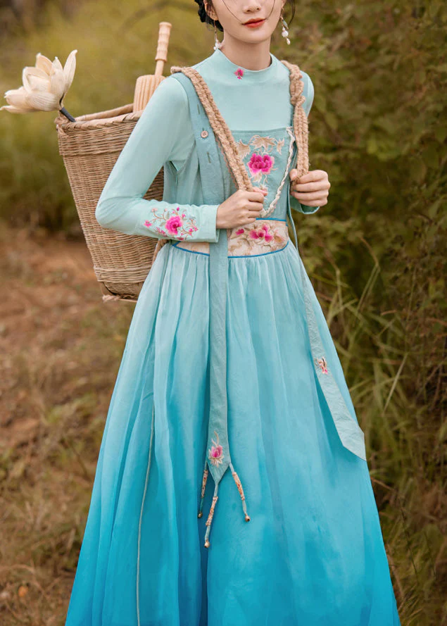 Vogue Blue Slash Neck Embroideried Floral Gradient Color Button Silk Maxi Dress Sleeveless - republicanstateiVogue Blue Slash Neck Embroideried Floral Gradient Color Button Silk Maxi Dress Sleeveless - republicanstatei