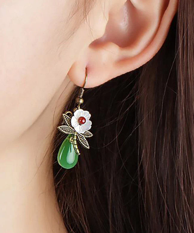 Vintage Green Sterling Silver Agate Shell Flower Cloured Glaze Dragonfly Drop Earrings - republicanstateiVintage Green Sterling Silver Agate Shell Flower Cloured Glaze Dragonfly Drop Earrings - republicanstatei