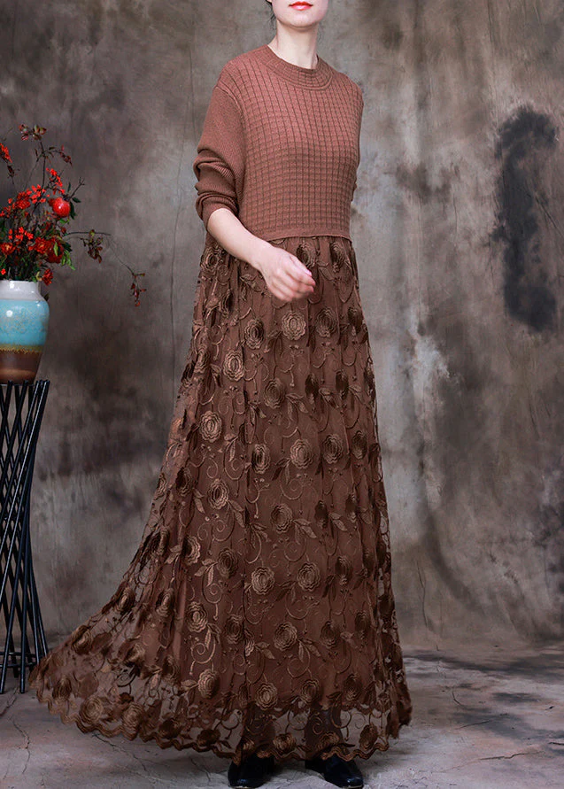 French Chocolate O-Neck Embroideried Lace Patchwork Knit Maxi Dress Long Sleeve - republicanstateiFrench Chocolate O-Neck Embroideried Lace Patchwork Knit Maxi Dress Long Sleeve - republicanstatei