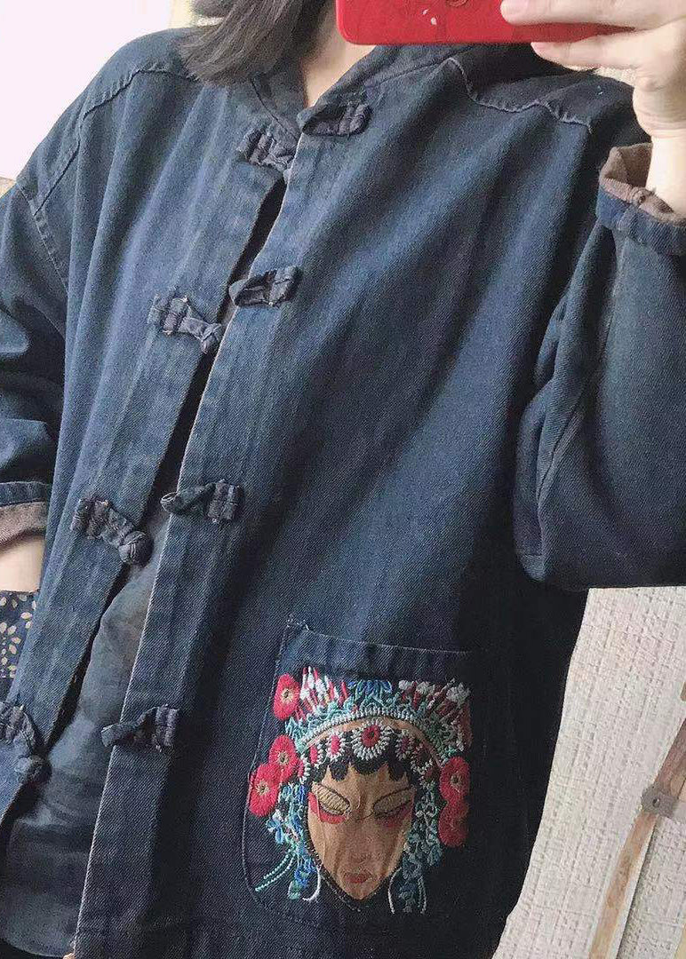 Women Black Stand Collar Embroideried Button Pockets Cotton Denim Coats Long Sleeve - republicanstateiWomen Black Stand Collar Embroideried Button Pockets Cotton Denim Coats Long Sleeve - republicanstatei