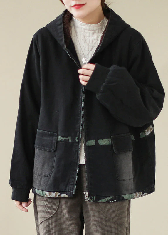 Stylish Black Zippered Pockets Patchwork Warm Fleece Cotton Denim Hooded Coats Long Sleeve - republicanstateiStylish Black Zippered Pockets Patchwork Warm Fleece Cotton Denim Hooded Coats Long Sleeve - republicanstatei