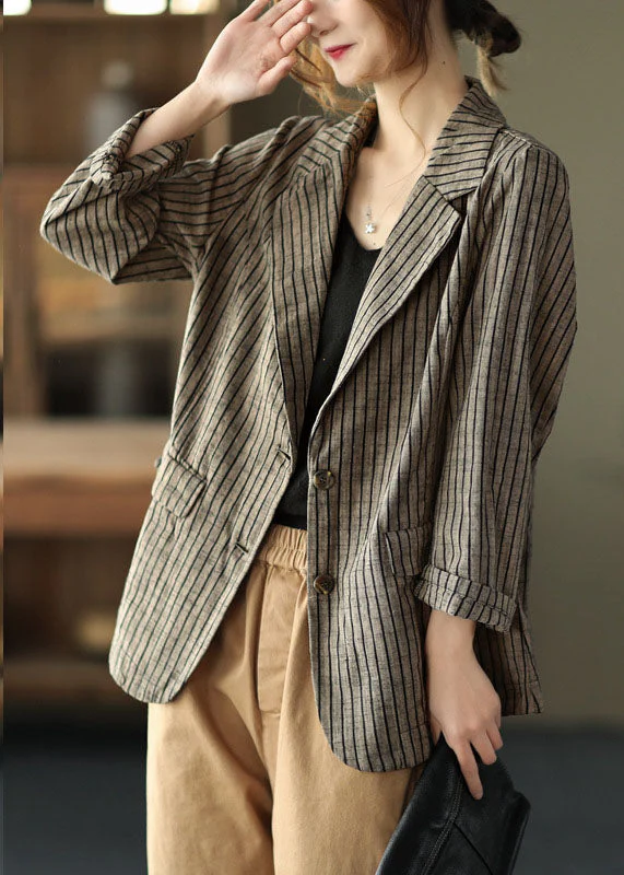 Slim Fit Khaki Notched Collar Button Pockets Striped Cotton Linen Coats Long Sleeve - republicanstateiSlim Fit Khaki Notched Collar Button Pockets Striped Cotton Linen Coats Long Sleeve - republicanstatei