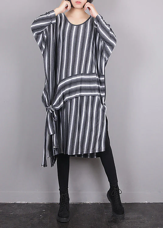 Plus Size Grey O-Neck Asymmetrical Striped Side Open Tie Waist Maxi Dress Fall - republicanstateiPlus Size Grey O-Neck Asymmetrical Striped Side Open Tie Waist Maxi Dress Fall - republicanstatei