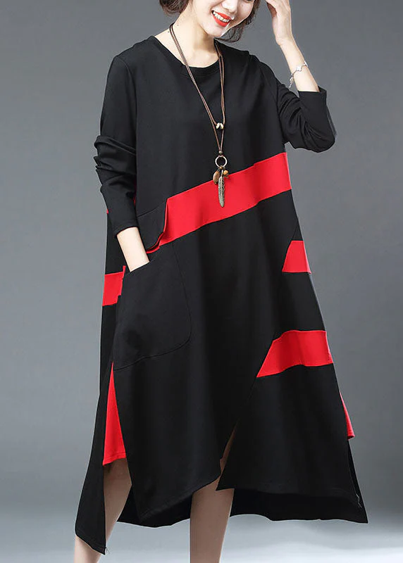 French Black Asymmetrical Design Pockets Patchwork Cotton Long Dress Fall - republicanstateiFrench Black Asymmetrical Design Pockets Patchwork Cotton Long Dress Fall - republicanstatei
