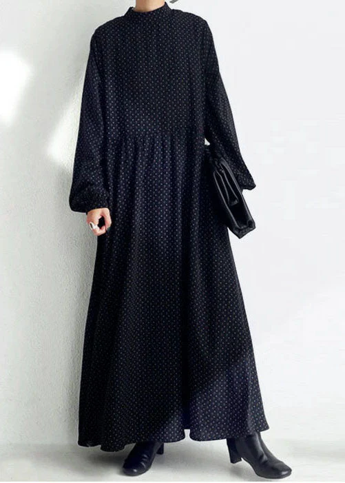 Loose Black Stand Collar Print Exra Large Hem Chiffon Maxi Dress Spring - republicanstateiLoose Black Stand Collar Print Exra Large Hem Chiffon Maxi Dress Spring - republicanstatei
