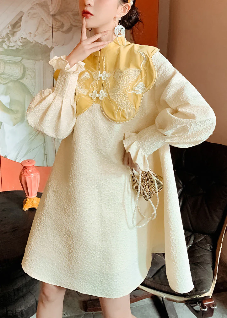 Chinese Style Yellow Stand Collar Embroideried Button Mid Dress Long Sleeve - republicanstateiChinese Style Yellow Stand Collar Embroideried Button Mid Dress Long Sleeve - republicanstatei