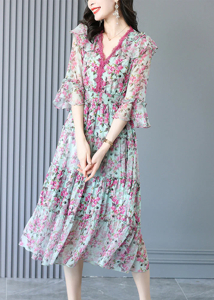 Retro Purple Flower V Neck Print Ruffles Silk Long Dresses Long Sleeve - republicanstateiRetro Purple Flower V Neck Print Ruffles Silk Long Dresses Long Sleeve - republicanstatei