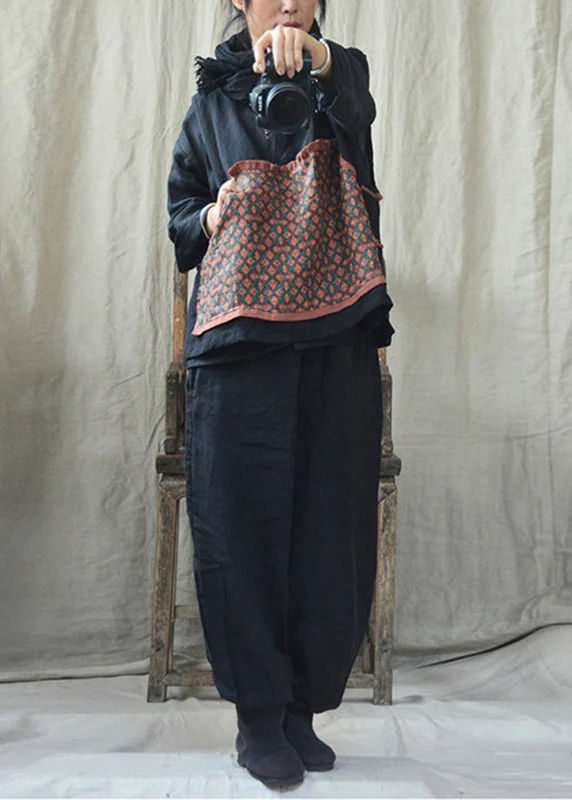 Casual Black O-Neck Print Linen Waistcoat And Pants Two Pieces Set Fall - republicanstateiCasual Black O-Neck Print Linen Waistcoat And Pants Two Pieces Set Fall - republicanstatei
