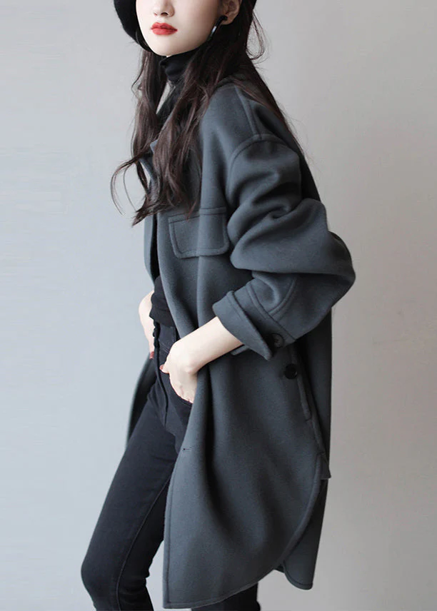 Women Haze Blue Peter Pan Collar Button Pockets Patchwork Side Open Woolen Coats Long Sleeve - republicanstateiWomen Haze Blue Peter Pan Collar Button Pockets Patchwork Side Open Woolen Coats Long Sleeve - republicanstatei