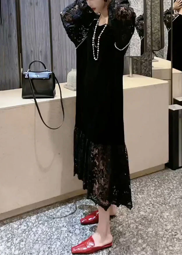 French Black O-Neck Patchwork Hollow Out Lace Holiday Long Dress Long Sleeve - republicanstateiFrench Black O-Neck Patchwork Hollow Out Lace Holiday Long Dress Long Sleeve - republicanstatei