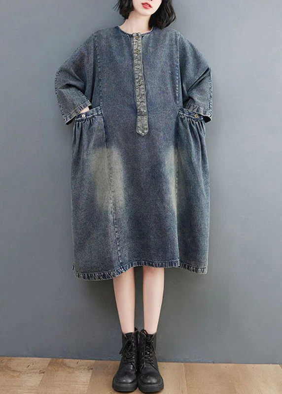 Retro Blue O-Neck Patchwork Button Pockets Cotton Denim Dresses Long Sleeve - republicanstateiRetro Blue O-Neck Patchwork Button Pockets Cotton Denim Dresses Long Sleeve - republicanstatei