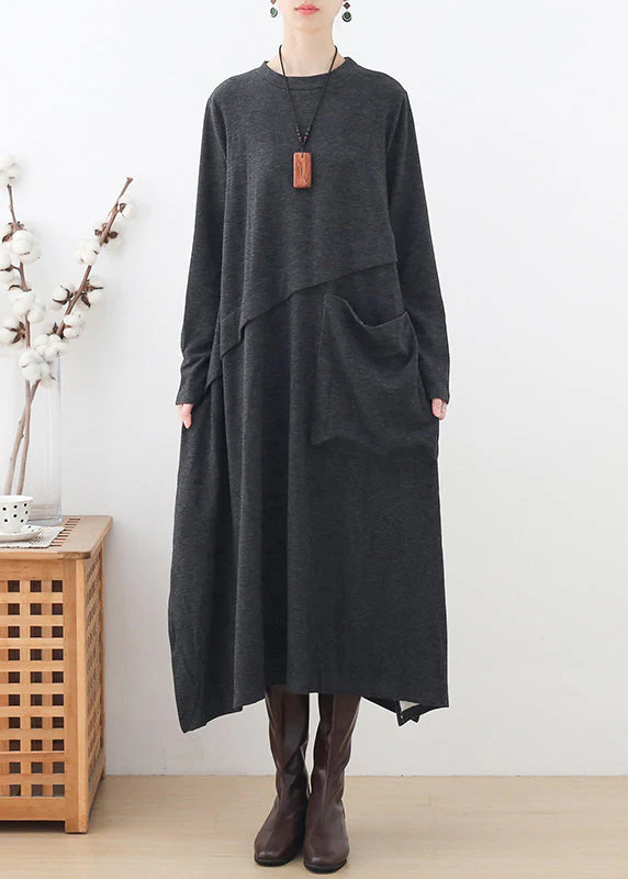 Handmade Grey O-Neck Pockets Patchwork Side Open Cotton Dress Long Sleeve - republicanstateiHandmade Grey O-Neck Pockets Patchwork Side Open Cotton Dress Long Sleeve - republicanstatei