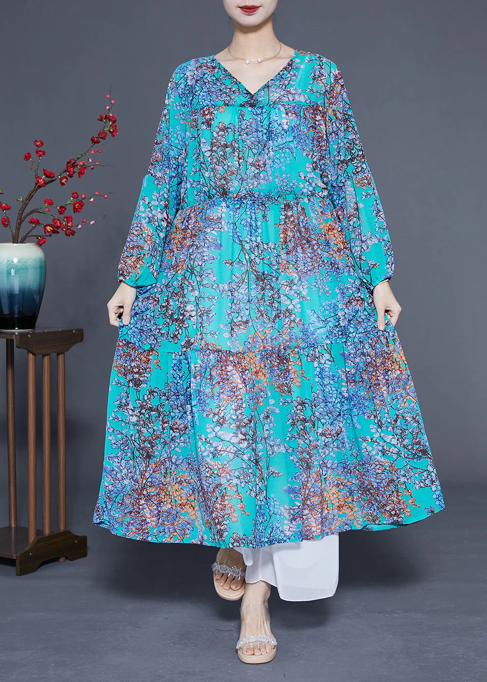 Modern Blue V Neck Patchwork Exra Large Hem Chiffon Long Dresses Spring - republicanstateiModern Blue V Neck Patchwork Exra Large Hem Chiffon Long Dresses Spring - republicanstatei