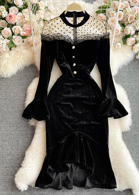 Sexy Black O-Neck Tulle Patchwork Tunic Button Velour Maxi Dresses Long Sleeve - republicanstateiSexy Black O-Neck Tulle Patchwork Tunic Button Velour Maxi Dresses Long Sleeve - republicanstatei