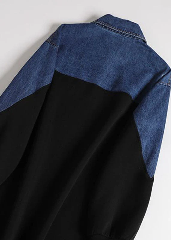 Organic Black Peter Pan Collar Denim Patchwork Button Maxi Dress Long Sleeve - republicanstateiOrganic Black Peter Pan Collar Denim Patchwork Button Maxi Dress Long Sleeve - republicanstatei