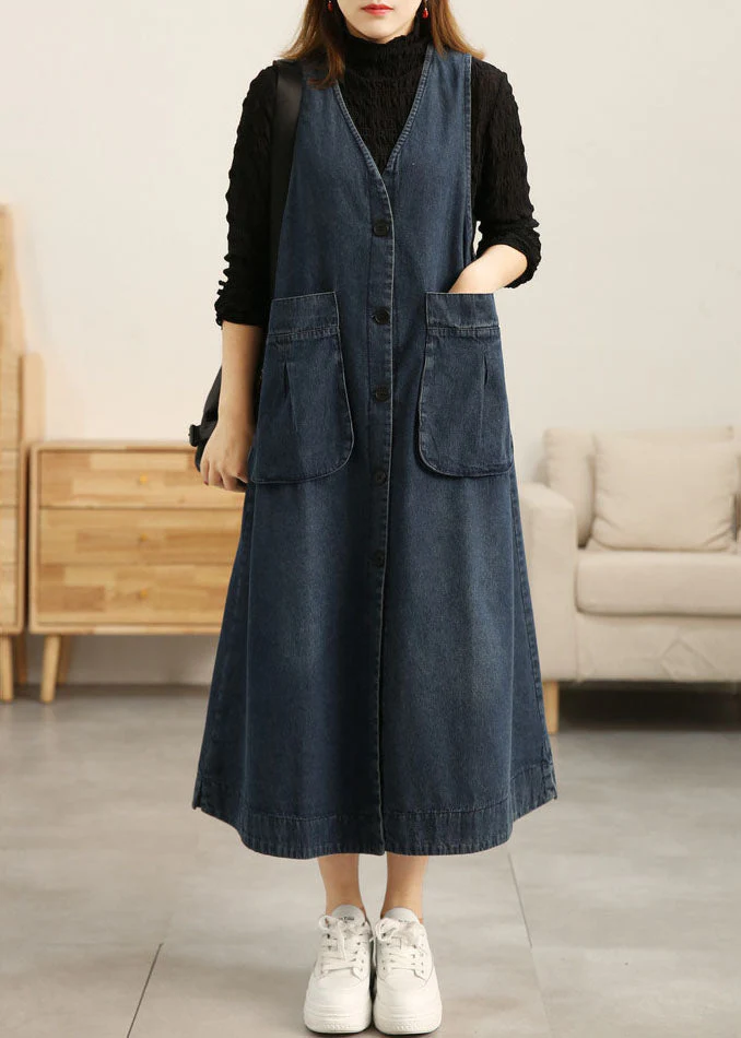 Beautiful Denim Blue V Neck Patchwork Pockets Cotton A Line Dress Sleeveless - republicanstateiBeautiful Denim Blue V Neck Patchwork Pockets Cotton A Line Dress Sleeveless - republicanstatei