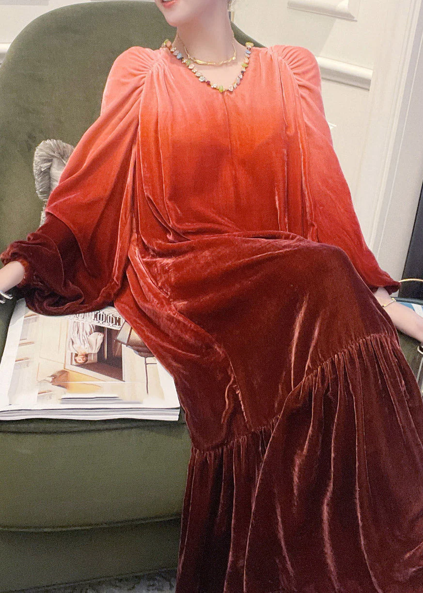 Stylish Red V Neck Gradient Color Wrinkled Velour Long Dress Lantern Sleeve - republicanstateiStylish Red V Neck Gradient Color Wrinkled Velour Long Dress Lantern Sleeve - republicanstatei