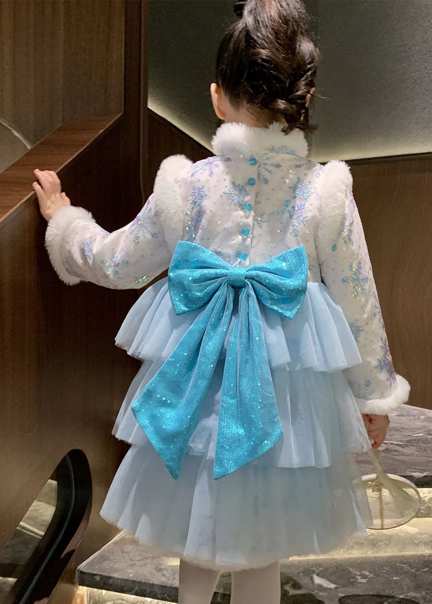 Cute Blue Fur Collar Bow Tulle Patchwork Warm Fleece Girls Long Dress Winter - republicanstateiCute Blue Fur Collar Bow Tulle Patchwork Warm Fleece Girls Long Dress Winter - republicanstatei