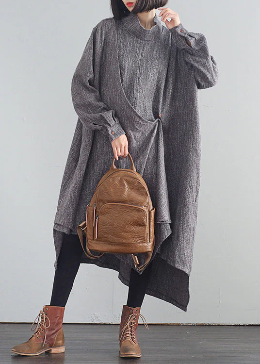 Stylish Dark Gray Turtleneck Asymmetrical Low High Design Cotton Long Dresses Fall - republicanstateiStylish Dark Gray Turtleneck Asymmetrical Low High Design Cotton Long Dresses Fall - republicanstatei