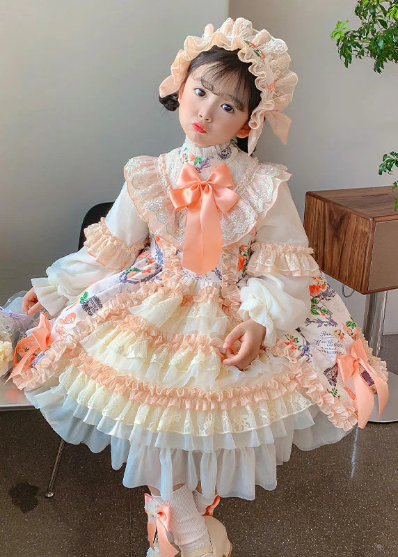 Handmade Orange Stand Collar Print Lace Patchwork Girls Long Dresses Fall - republicanstateiHandmade Orange Stand Collar Print Lace Patchwork Girls Long Dresses Fall - republicanstatei