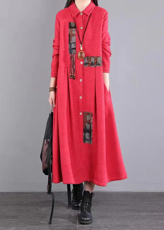 Art Red Peter Pan Collar Pockets Patchwork Warm Fleece Maxi Dresses Winter - republicanstateiArt Red Peter Pan Collar Pockets Patchwork Warm Fleece Maxi Dresses Winter - republicanstatei